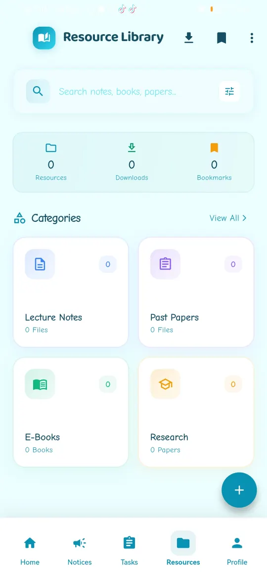 UniPulse Resource Library screen with search and categories for lecture notes, past papers, e-books and research