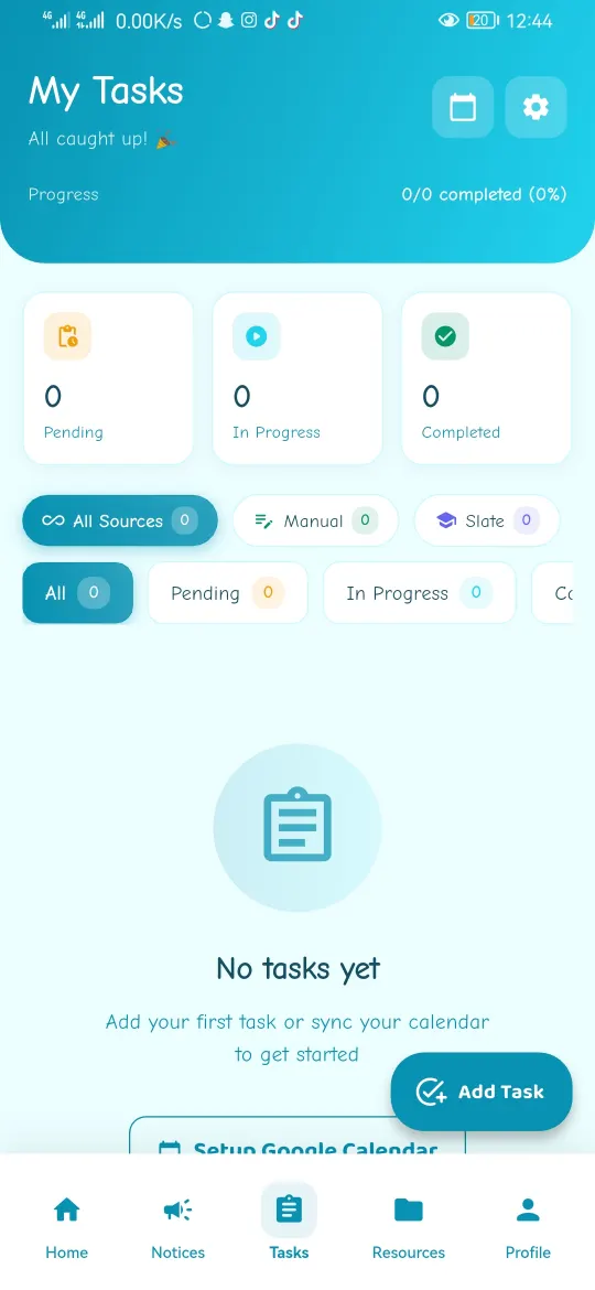 UniPulse My Tasks screen with pending, in-progress and completed counts and filters for manual and Slate-synced tasks